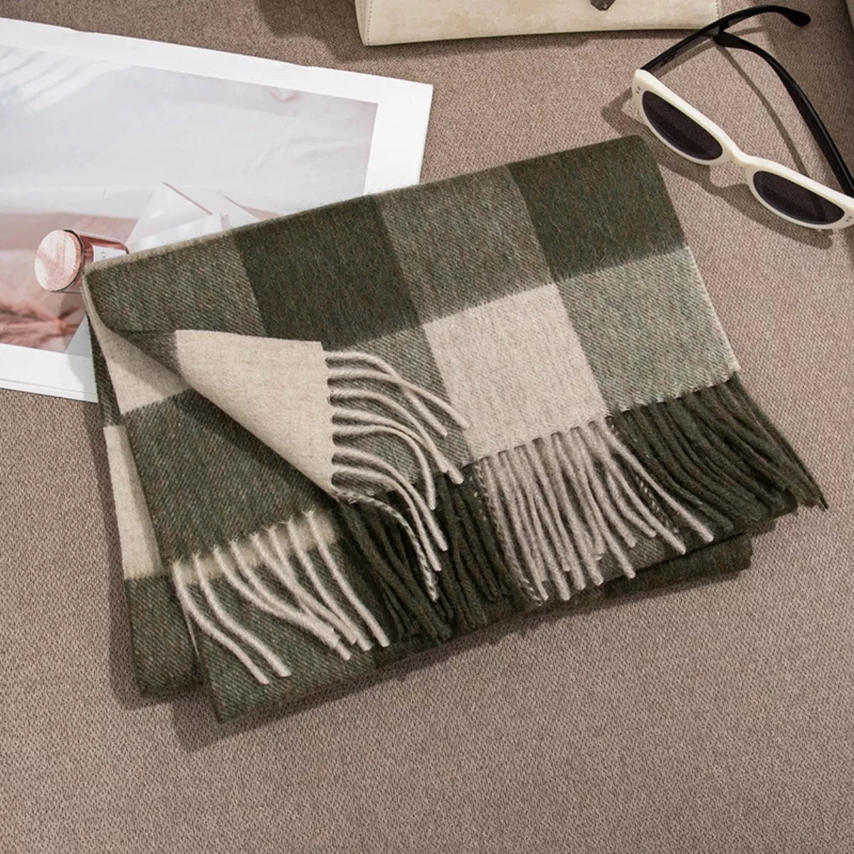 Windowpane Plaid Fringe Scarf