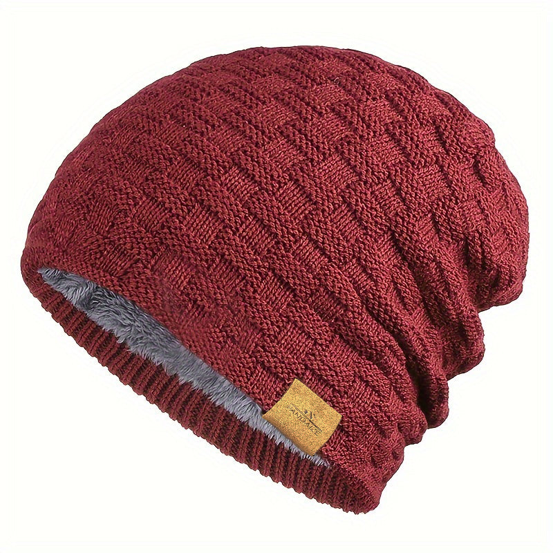 Pandaize W Patch Fleece Beanie - Coldproof Knit Hat for Autumn & Winter