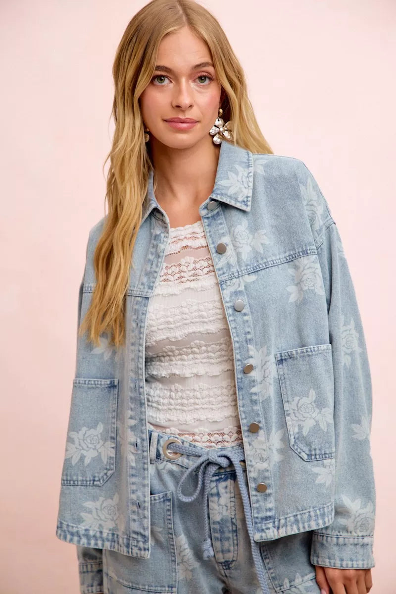 Floral Print Washed Denim Jacket