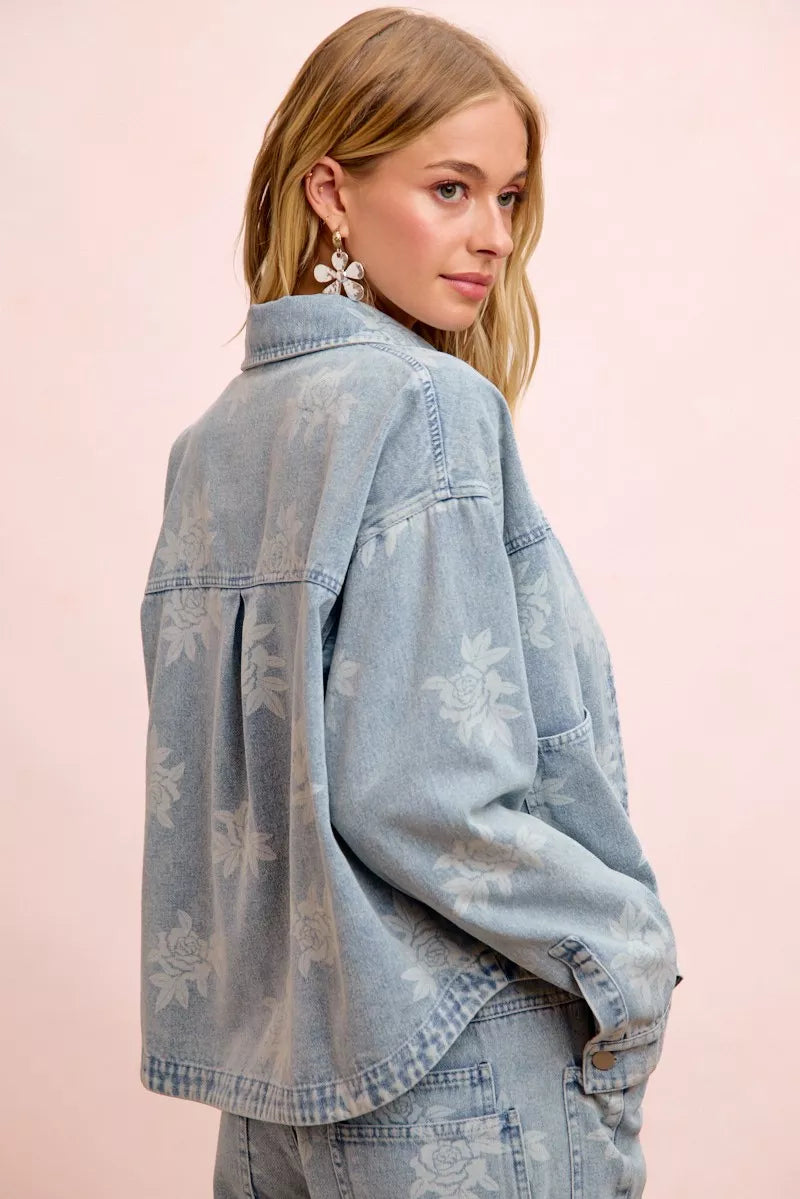Floral Print Washed Denim Jacket