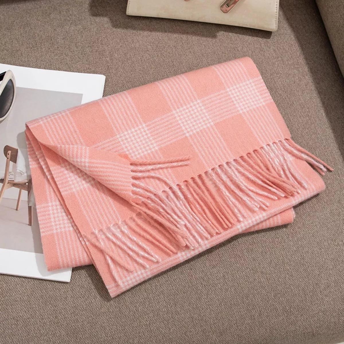 Windowpane Plaid Fringe Scarf