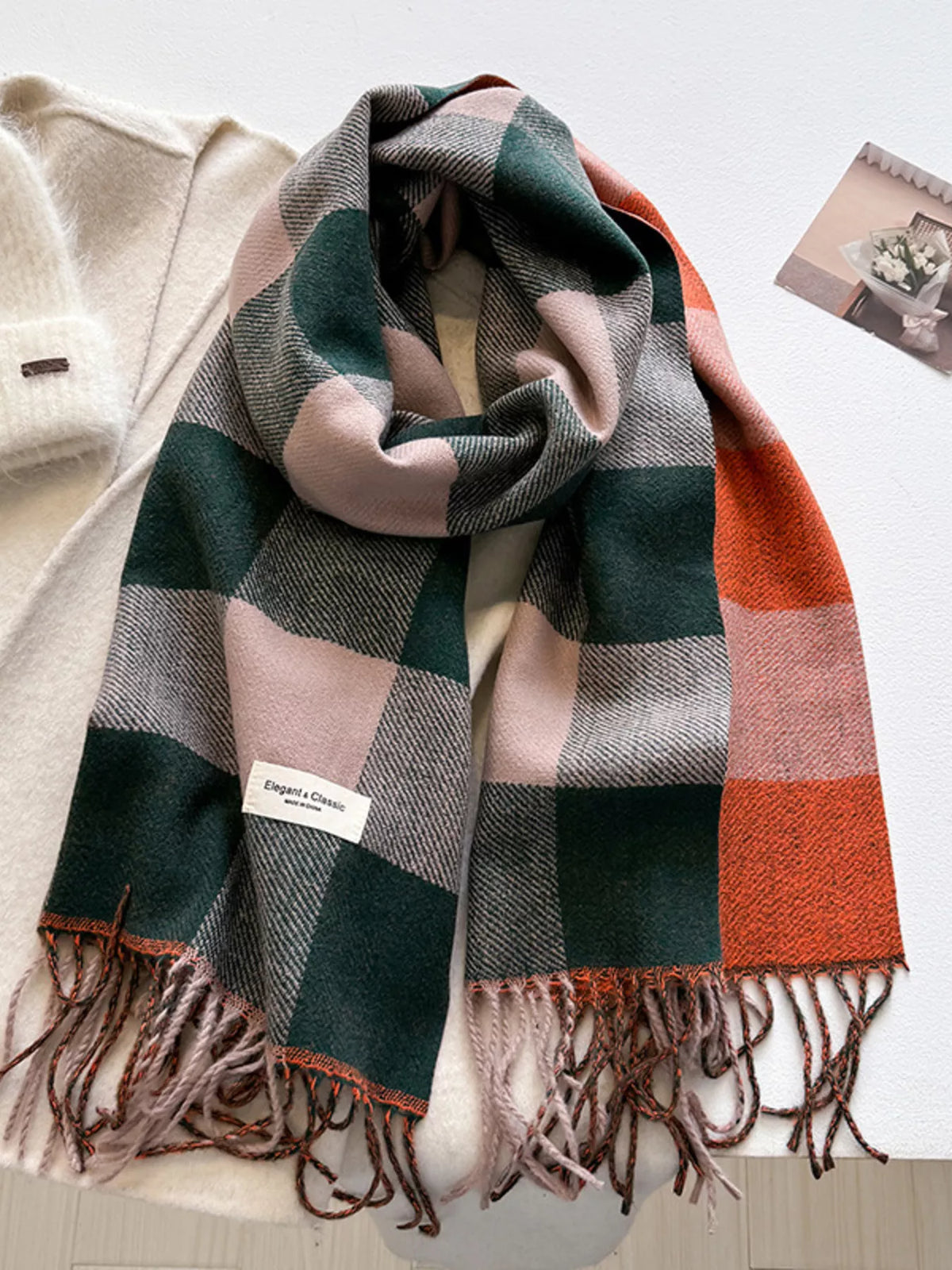 Color Block Plaid Fringe Blanket Scarf