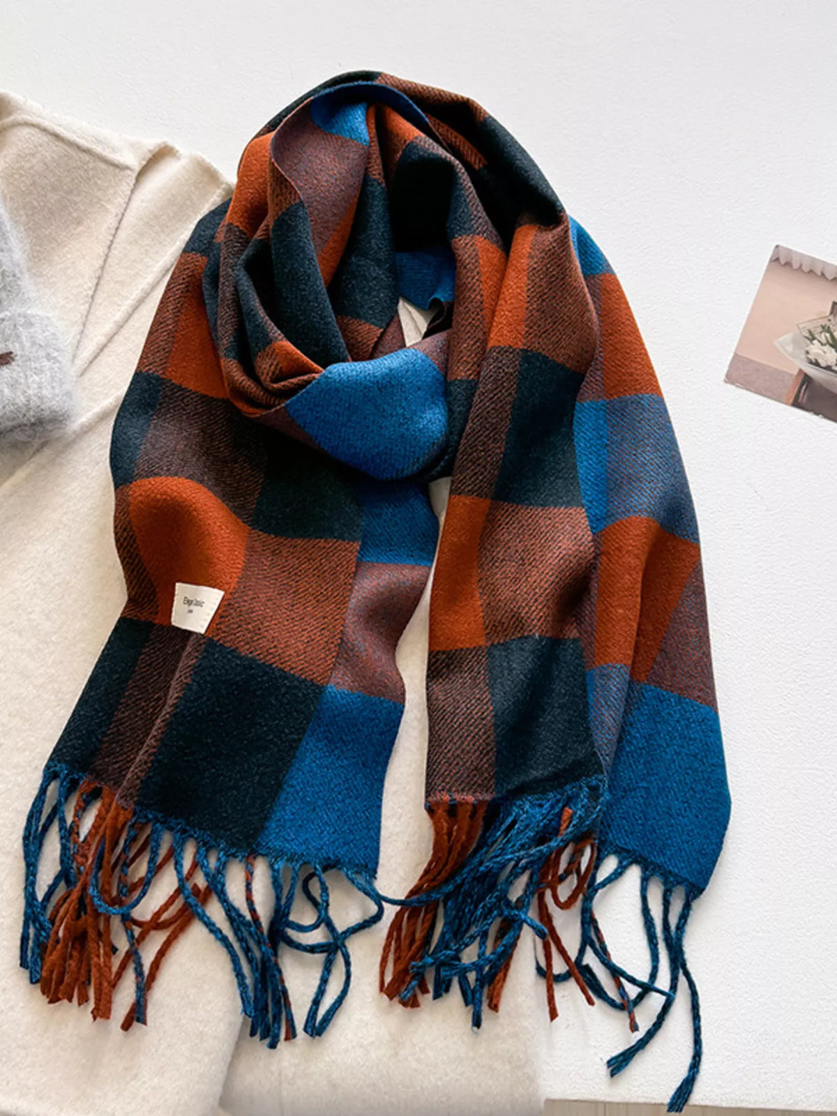 Color Block Plaid Fringe Blanket Scarf
