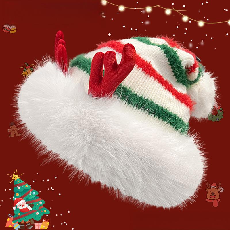Christmas Knit Beanie with Antlers – Faux Rabbit Fur, Ear Warmers, Wide Brim for Outdoor Commute & Gatherings