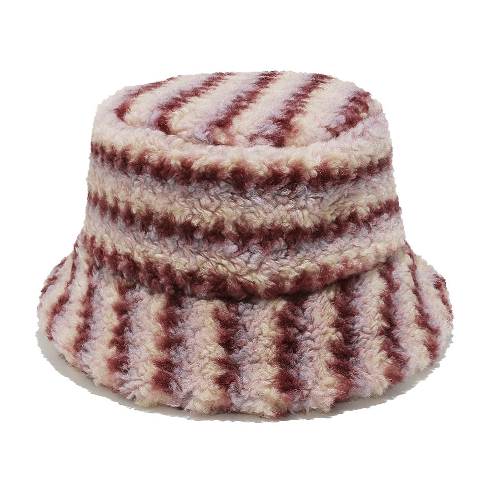 Cozy Lamb Hair Plush Fisherman Hat - Gradient Stripes