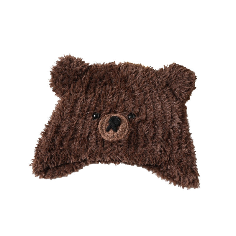 Bear-Shaped Plush Knitted Hat - Winter Warm Ear-Protective Slouchy Beanie - Unisex Face-Flattering Headwear