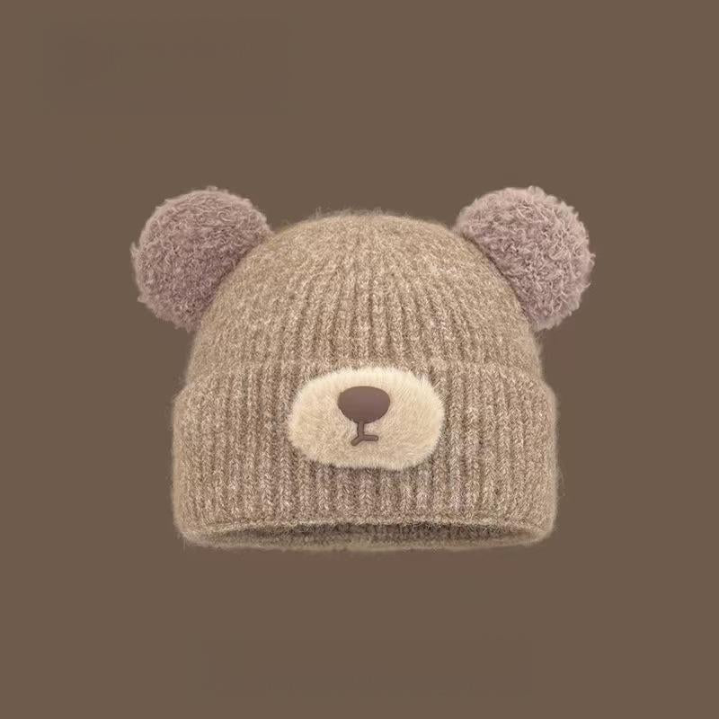 Women's Autumn Winter Knit Beanie with Bear Ears - Fleece Lined, Warm Close-Fit for Cold Days