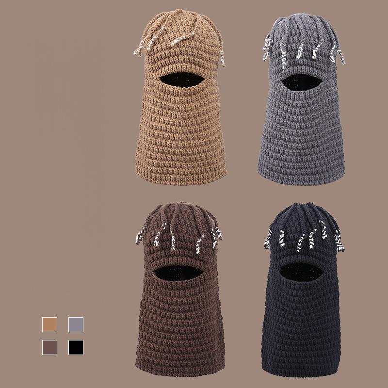 Knitted Beanie for Unisex, Autumn Winter Funny Ear-Warming Mask-Integrated Cap, Trendy Headwear