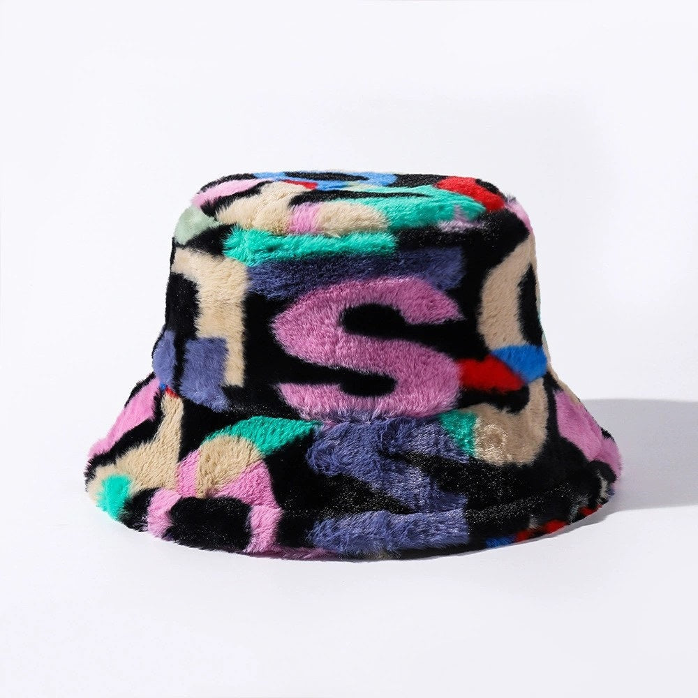 Autumn Winter Tie-Dye Letter Fleece Fisherman Hat – Thickened, Unisex for Skiing & Outdoor Commute