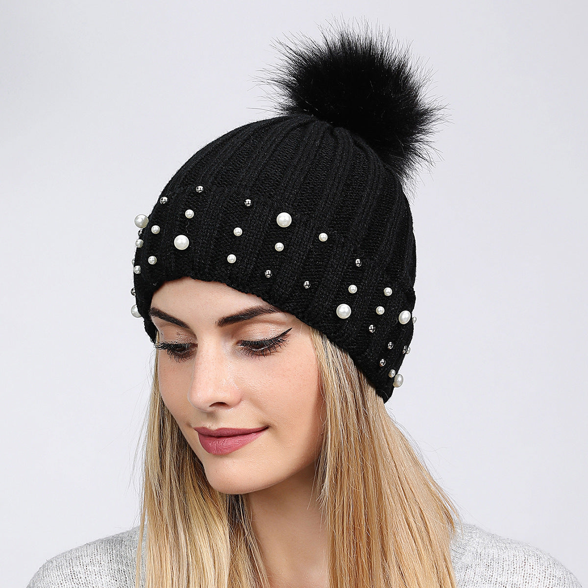 Pearl Knit Pom-Pom Beanie - Cozy Winter Hat