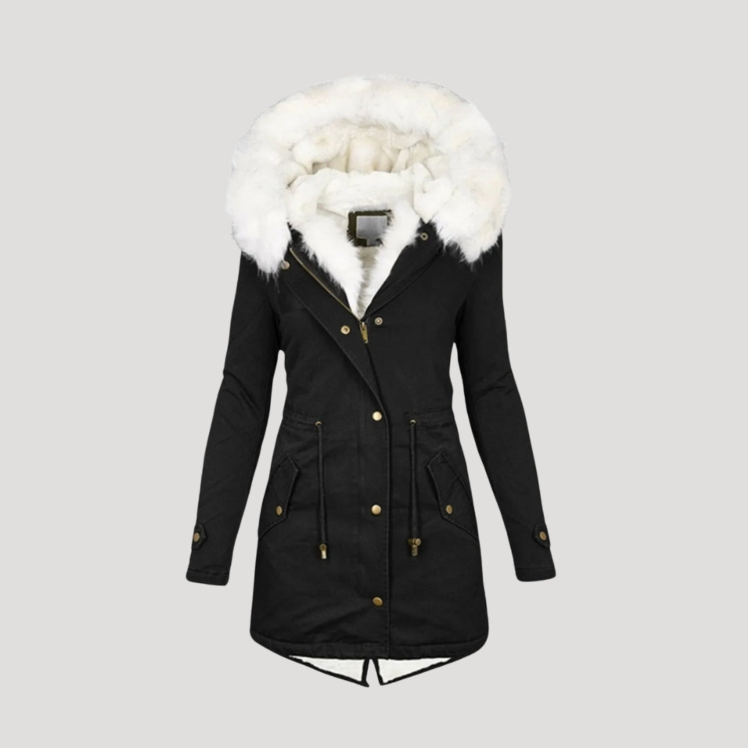 Warm Women's Coat with Fake Fur Hood