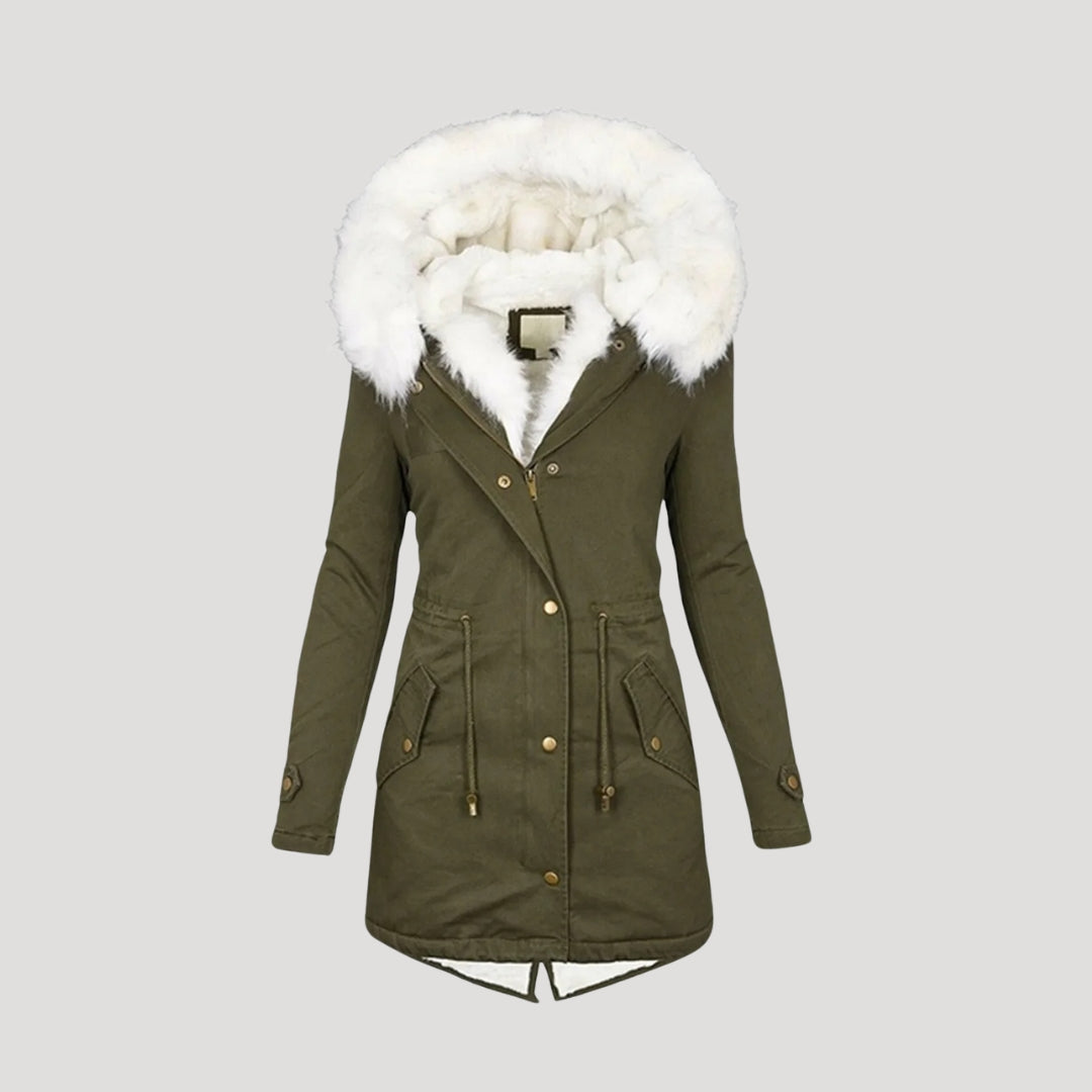 Warm Women's Coat with Fake Fur Hood