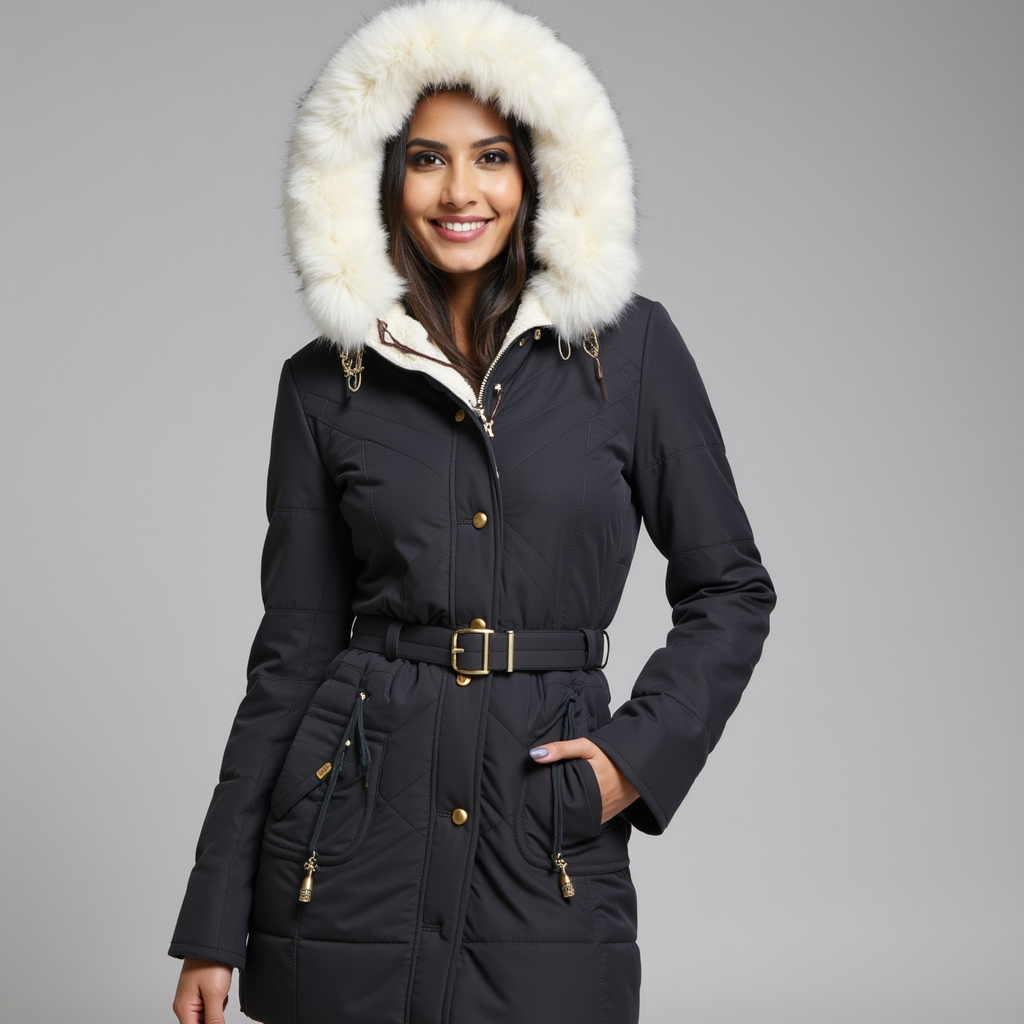 Warm Women's Coat with Fake Fur Hood