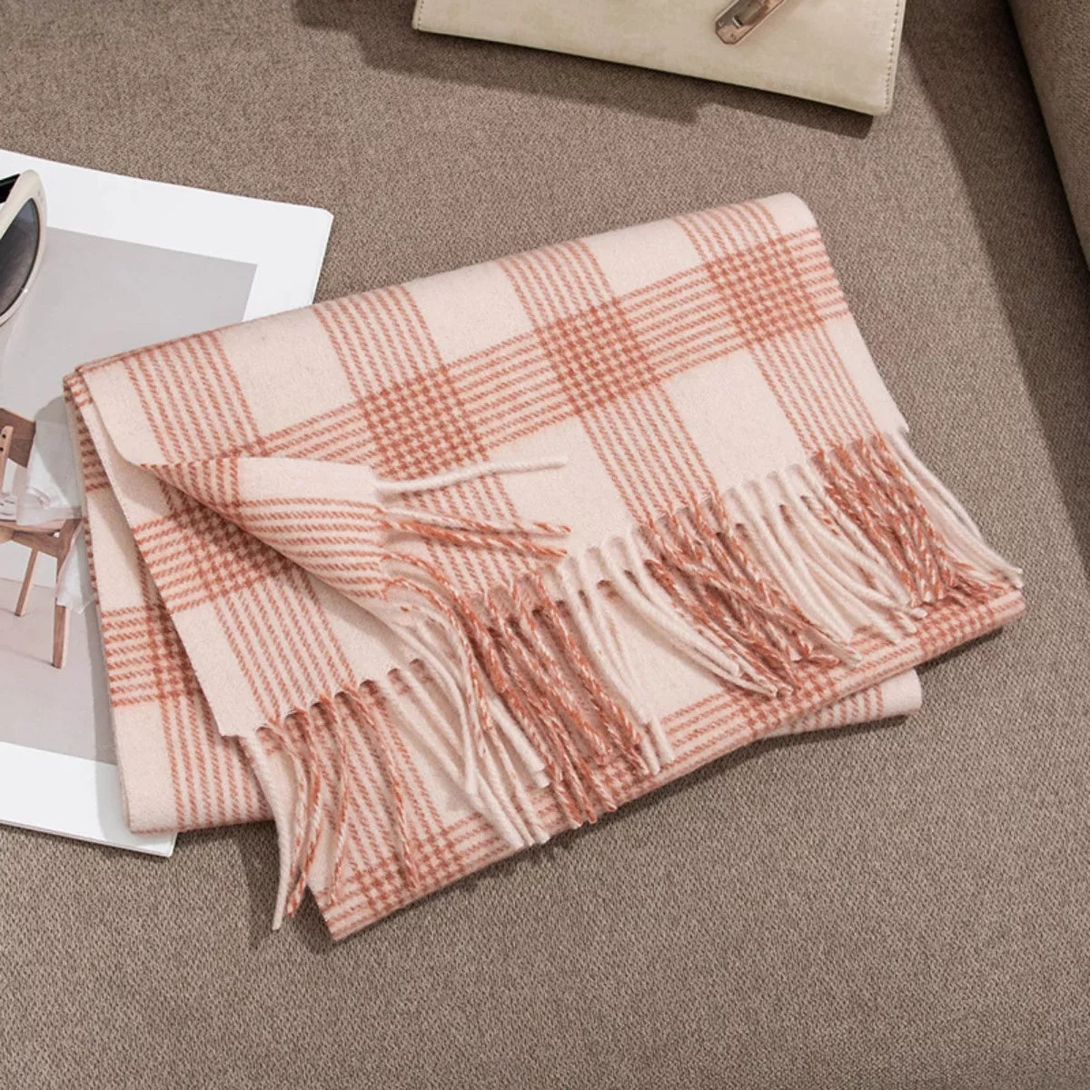 Windowpane Plaid Fringe Scarf
