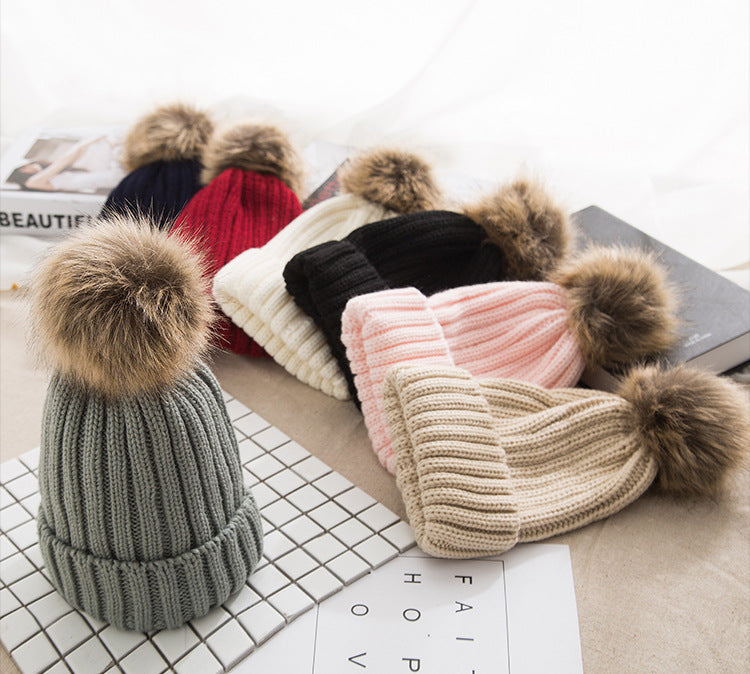 Cozy Knit Beanie with Faux Fur Pom - Korean Style Warm Hat