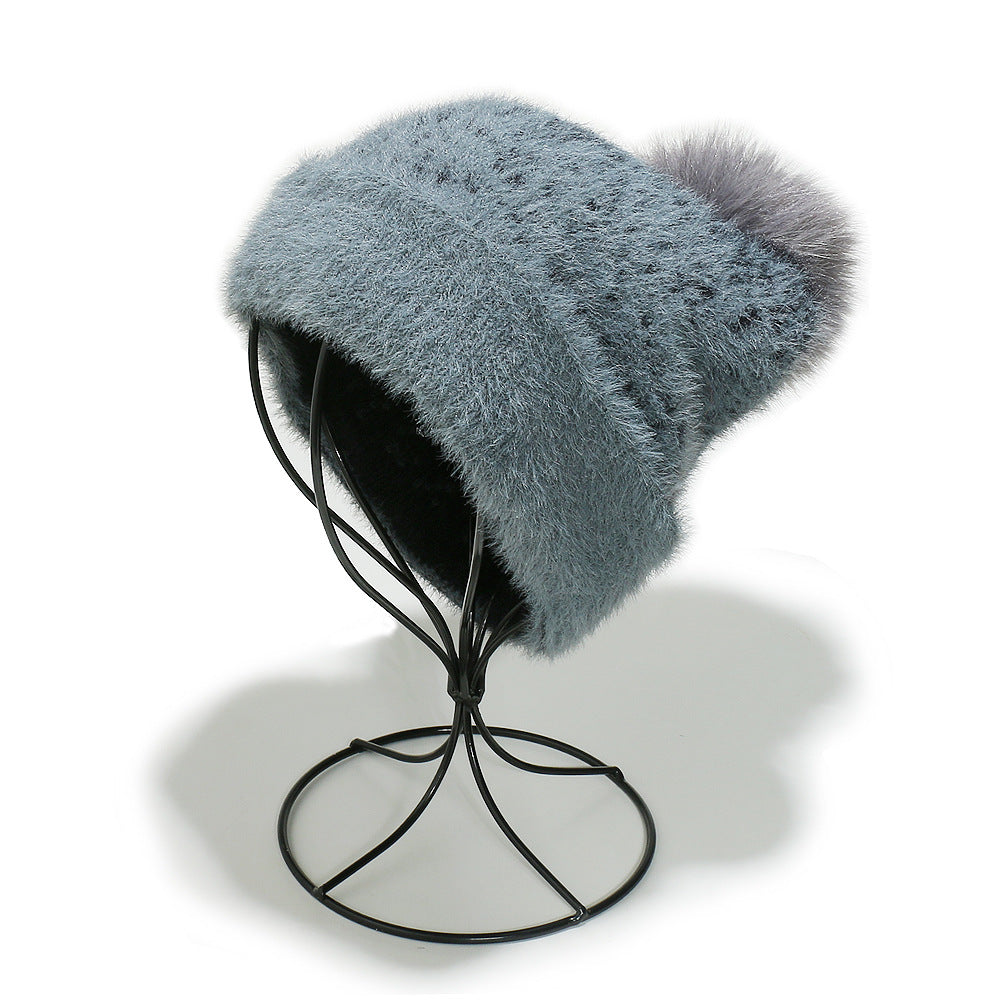 Faux Mink Knit Beanie with Ear Protection
