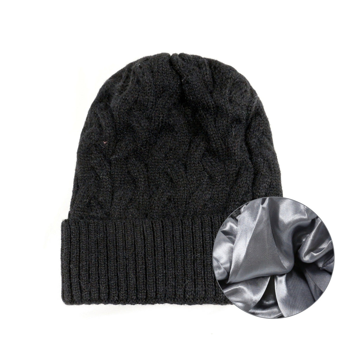 Cashmere Blend Cable Knit Beanie - Satin Lined