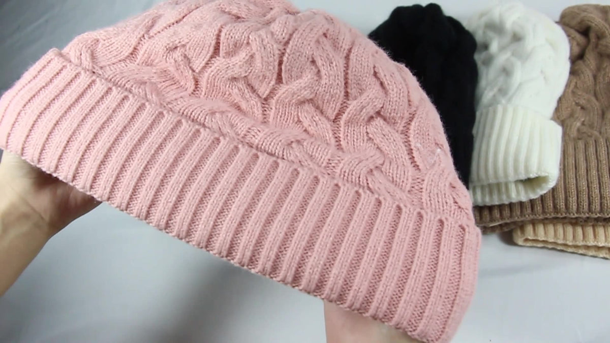 Cashmere Blend Cable Knit Beanie - Satin Lined
