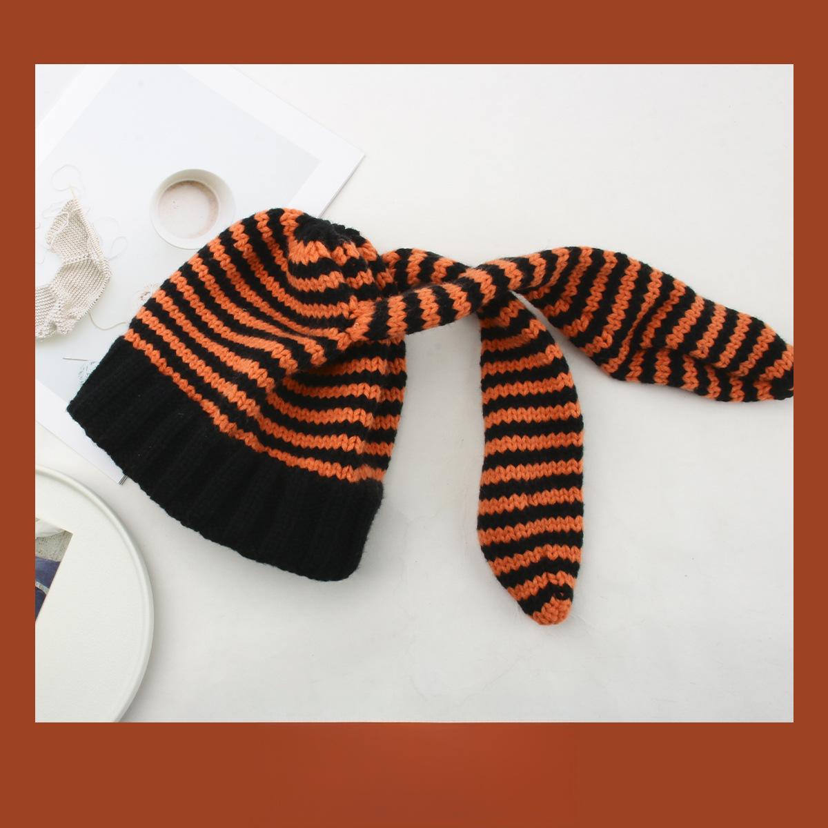 Bunny Ears Striped Knitted Beanie with Warm Ear Flaps - Playful Animal Hat - Y2K Street Fashion Cold Weather Cap