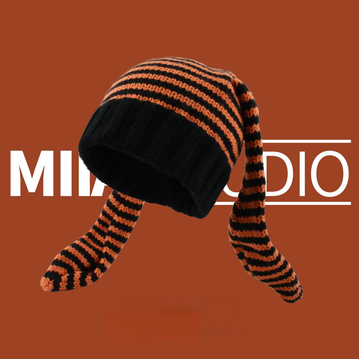 Bunny Ears Striped Knitted Beanie with Warm Ear Flaps - Playful Animal Hat - Y2K Street Fashion Cold Weather Cap