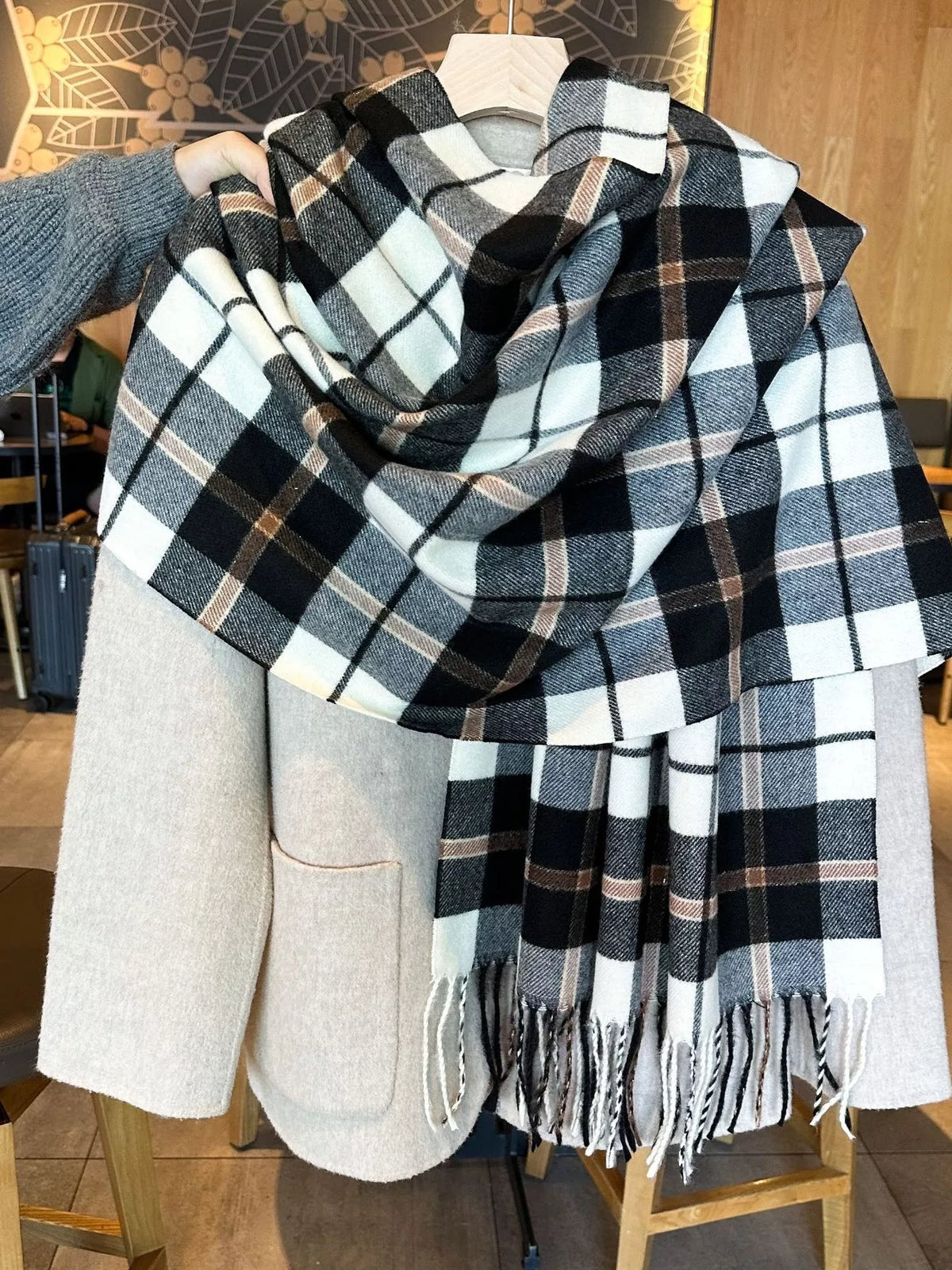 Classic Wide Blanket Plaid Fringe Scarf
