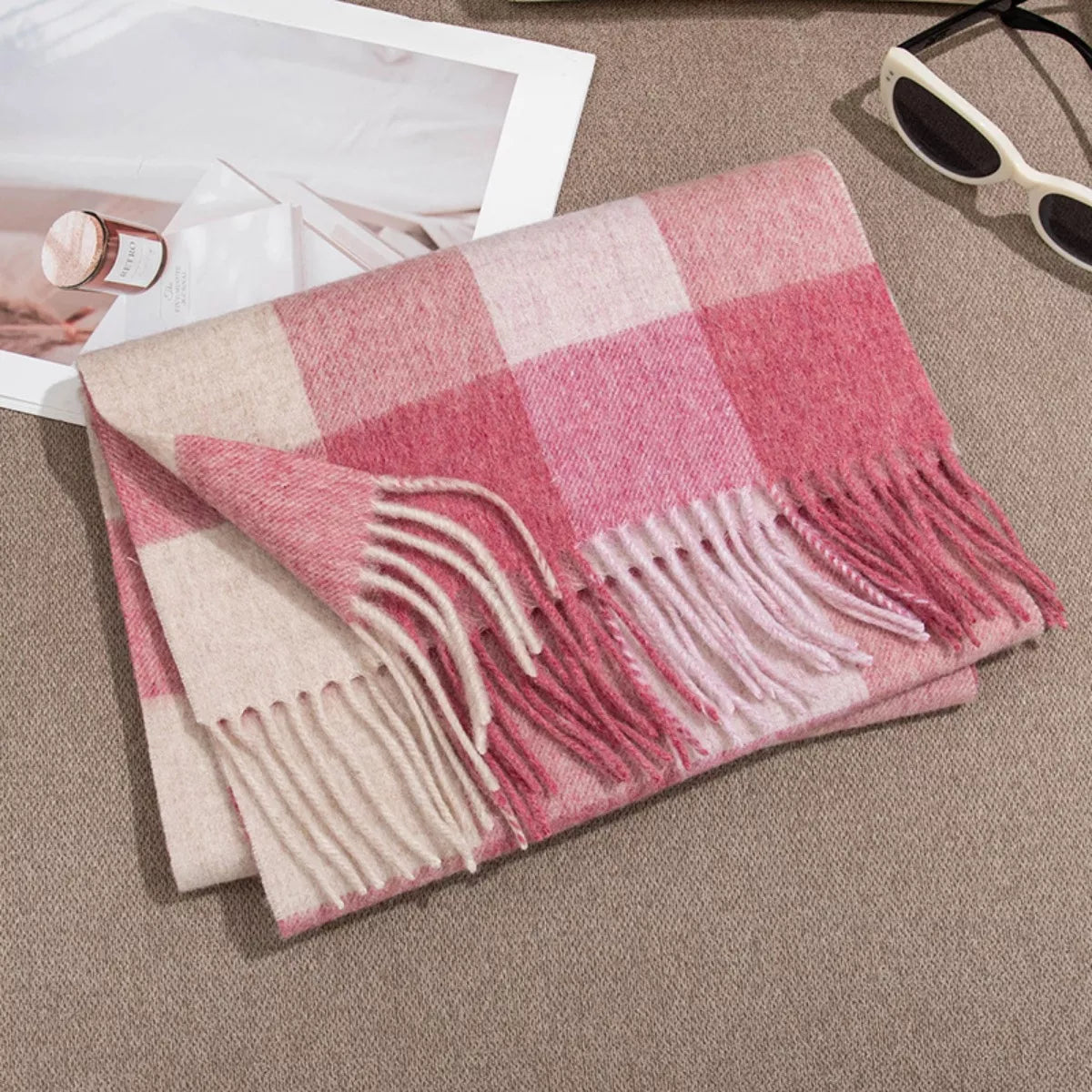Windowpane Plaid Fringe Scarf