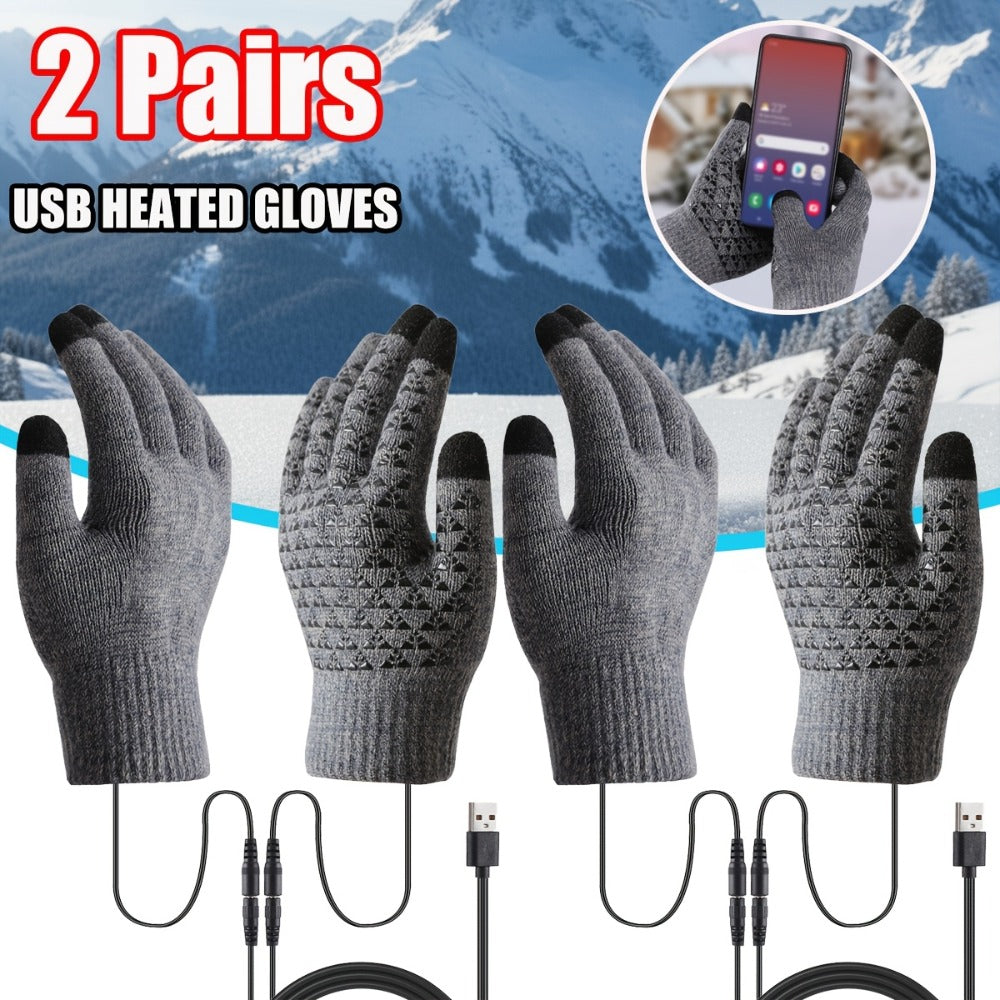 USB-Powered Full-Finger Heated Gloves with Touchscreen Fingertips, Anti-Slip Palms and Black or Gray Pair Options