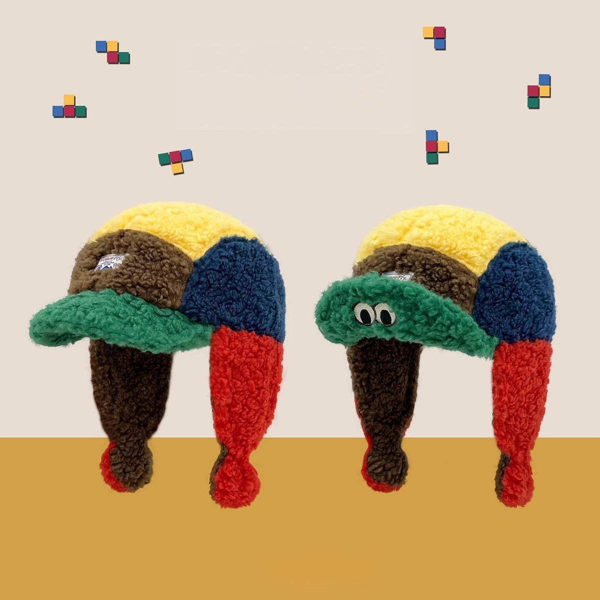Women's Cute Puff Frog Sherpa Ear-flap Hat, Korean Dopamine Color-Block Design, Winter Warm Versatile Headwear