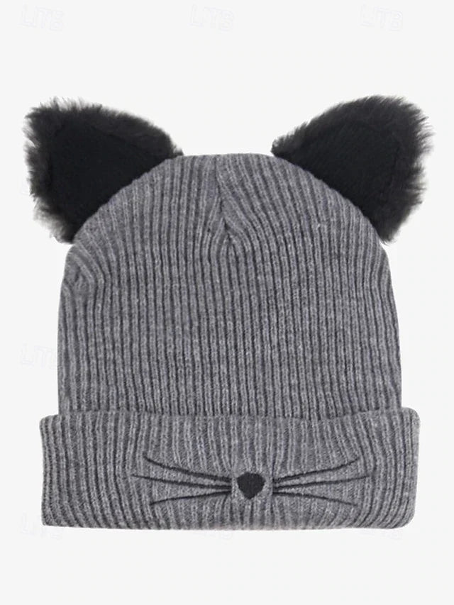 Women's Cute Cat Ear Beanie – Burgundy Knit Hat with Faux Fur Ears and Whisker Embroidery, Cozy and Stylish Winter Accessory